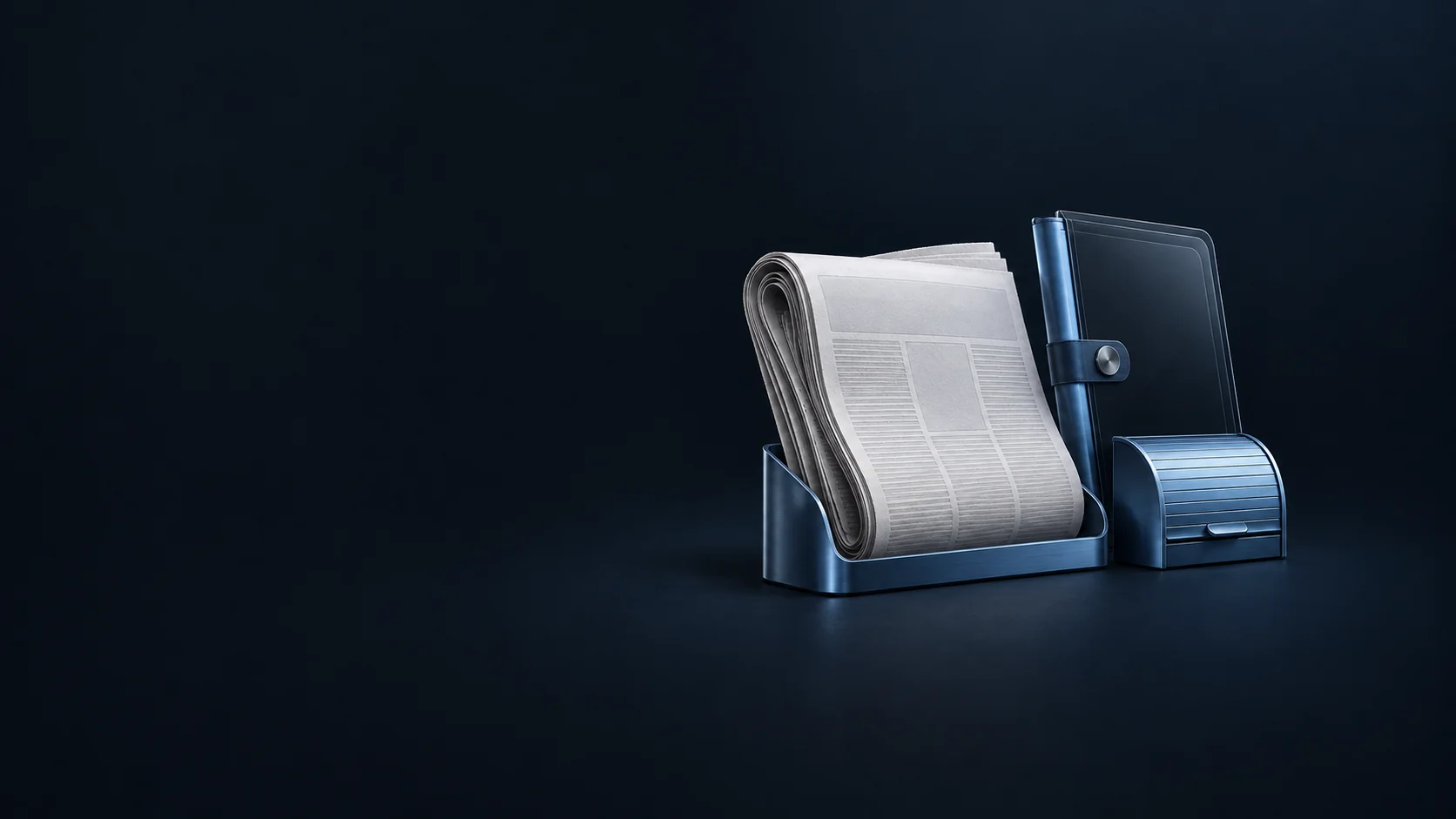 A folded newspaper in a metal doorstep cradle beside a glass reading folio and closed delivery shutter. - Print Newspapers Publications Meta ads research by Madgicx Labs