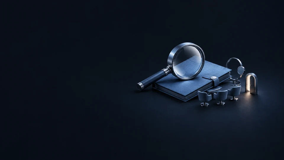 A magnifier on a blue topic dossier beside three miniature team seats, a monitoring loop and demo doorway. - News & Information Media Meta ads research index