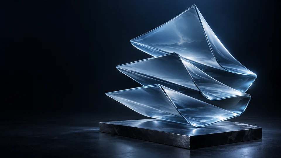 Three curved blue glass sheets arranged above a rectangular dark stone base. - News & Information Media Meta ads research by Madgicx Labs