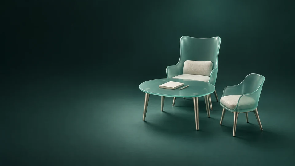 Two empty sea-green consultation chairs beside a rounded table and blank youth workbook. - Nonprofit & Social Organizations Meta ads research index