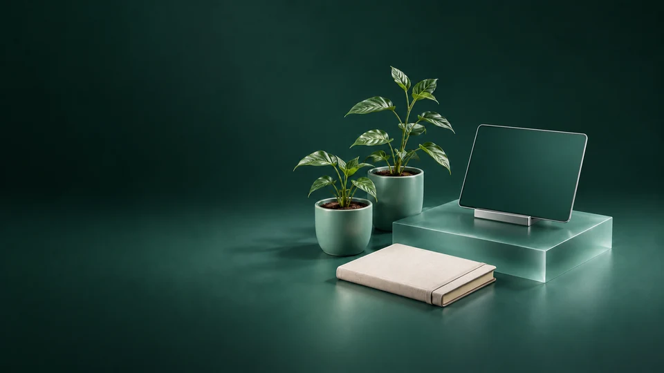 Two potted seedlings beside a blank-screen tablet on a stand and a closed field notebook. - Nonprofit & Social Organizations Meta ads research index