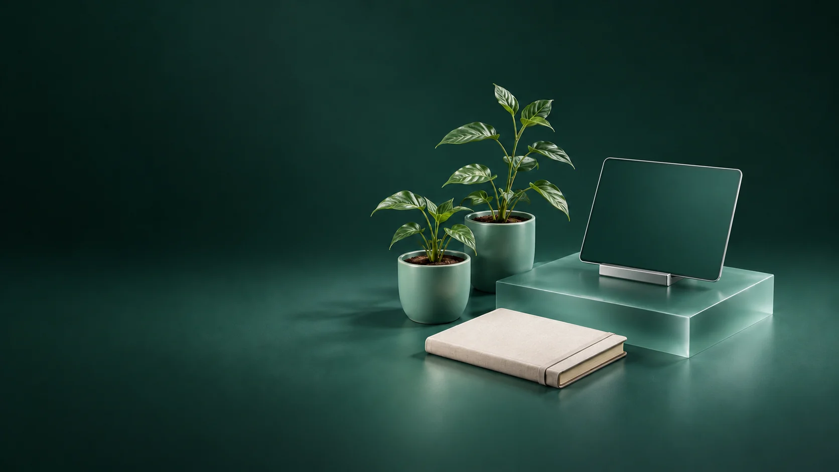 Two potted seedlings beside a blank-screen tablet on a stand and a closed field notebook. - Environmental Conservation Groups Meta ads research by Madgicx Labs