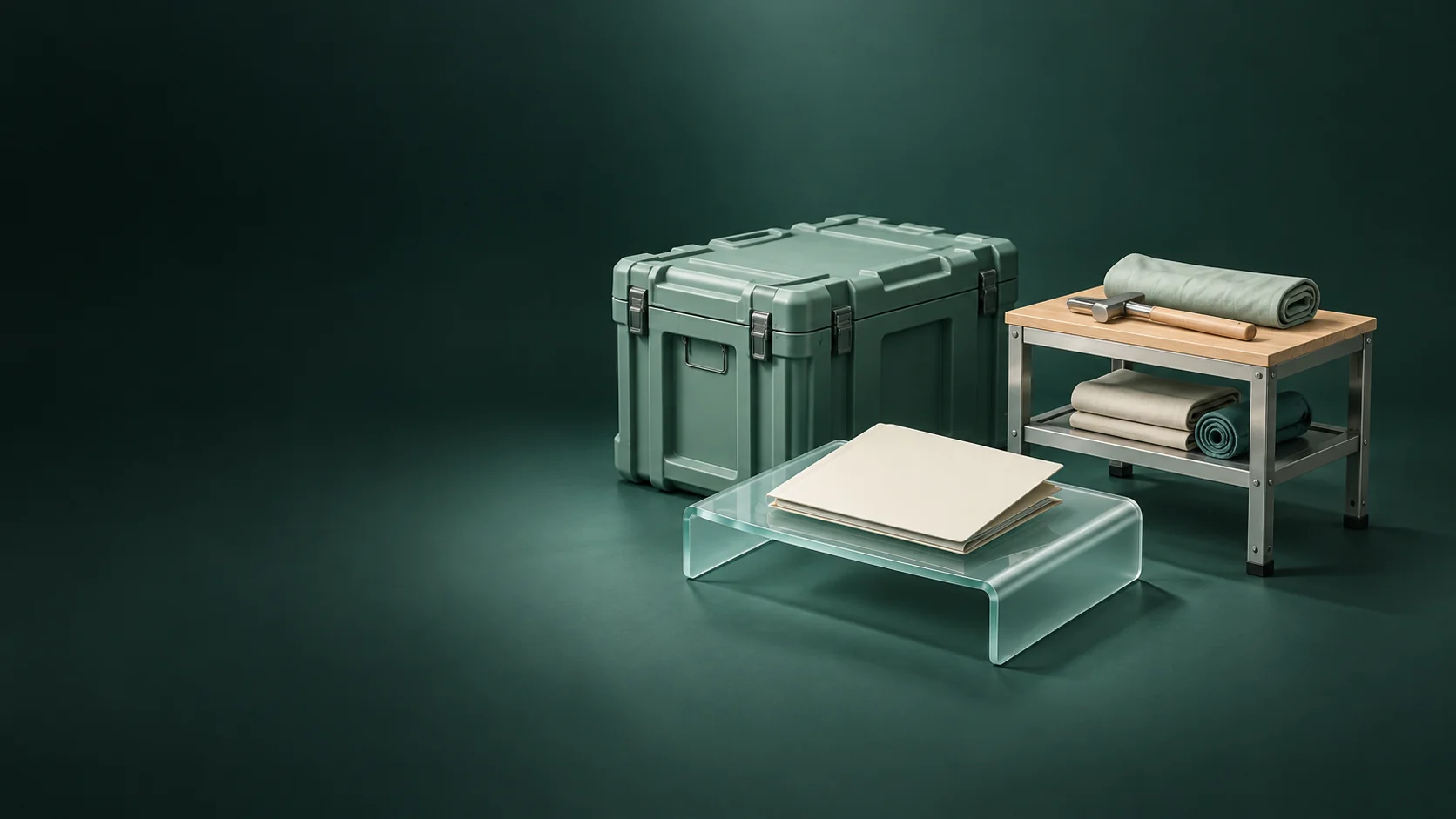 A closed relief case, blank folder on a glass stand and separate repair workbench. - Humanitarian Relief Organizations Meta ads research by Madgicx Labs