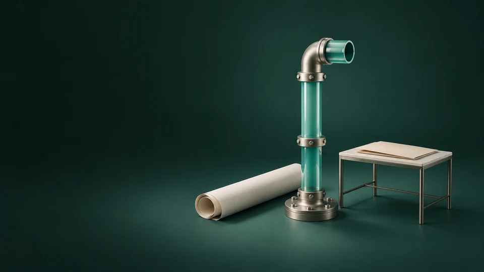 A glass-and-pewter pipe model beside a rolled blank plan and a small operations desk. - Nonprofit & Social Organizations Meta ads research index