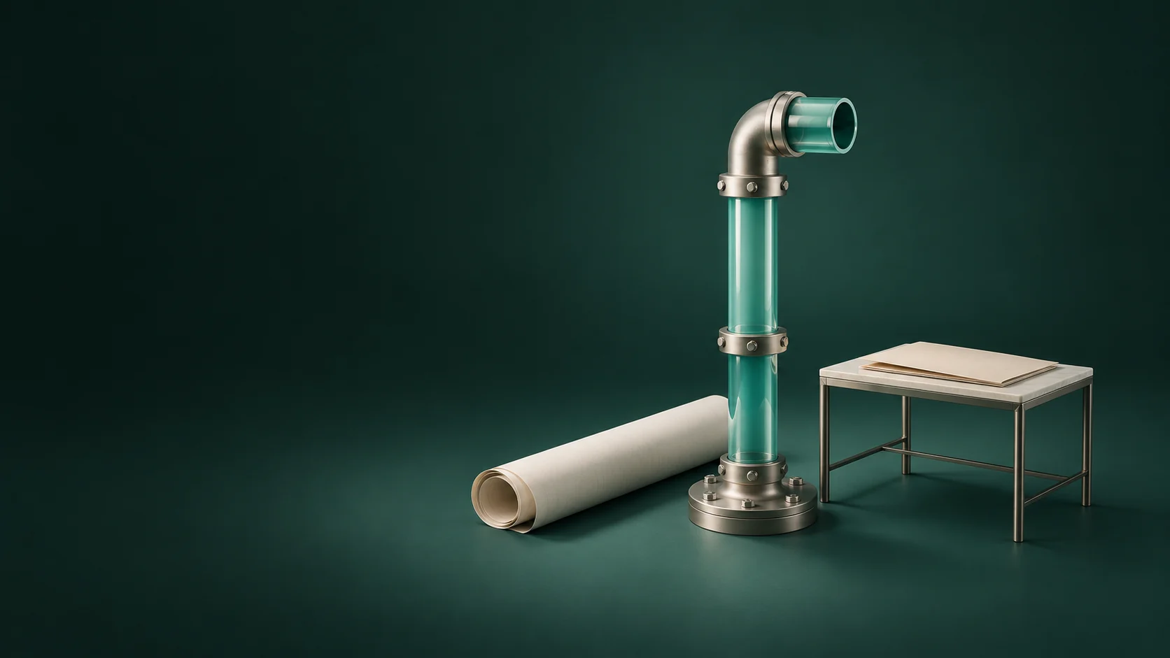 A glass-and-pewter pipe model beside a rolled blank plan and a small operations desk. - International Development Ngos Meta ads research by Madgicx Labs