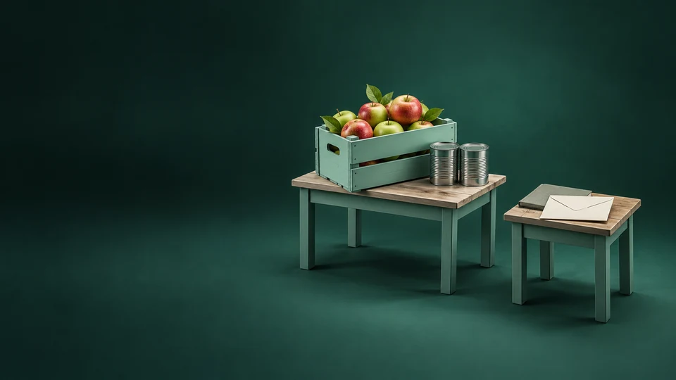 A table with apples and plain tins stands apart from a smaller desk with a blank envelope. - Nonprofit & Social Organizations Meta ads research index