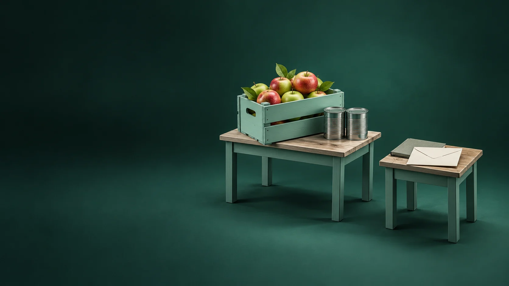 A table with apples and plain tins stands apart from a smaller desk with a blank envelope. - Social Services Charities Meta ads research by Madgicx Labs