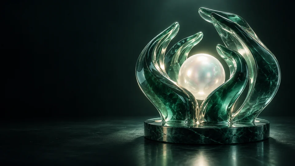 Curved green glass forms surround a pearl-colored sphere on a round green base. - Nonprofit & Social Organizations Meta ads research by Madgicx Labs