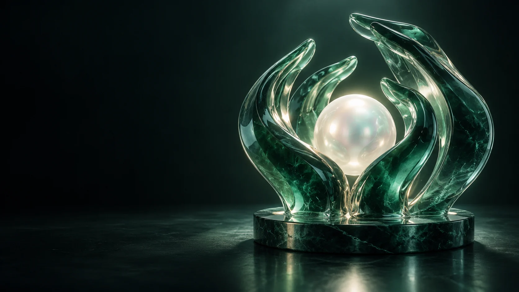 Curved green glass forms surround a pearl-colored sphere on a round green base. - Nonprofit & Social Organizations Meta ads research by Madgicx Labs