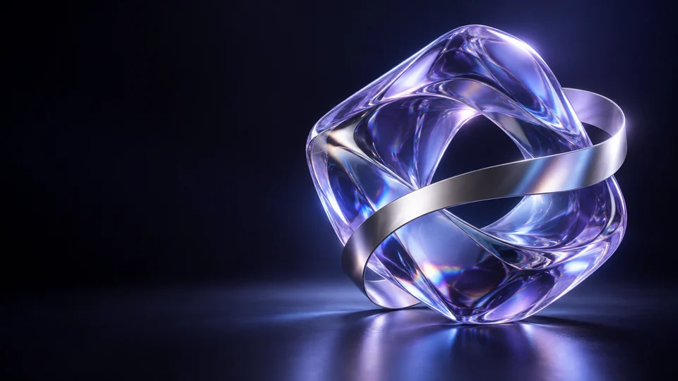 Violet glass loop sculpture wrapped by a polished silver ribbon. - Other Meta ads research by Madgicx Labs