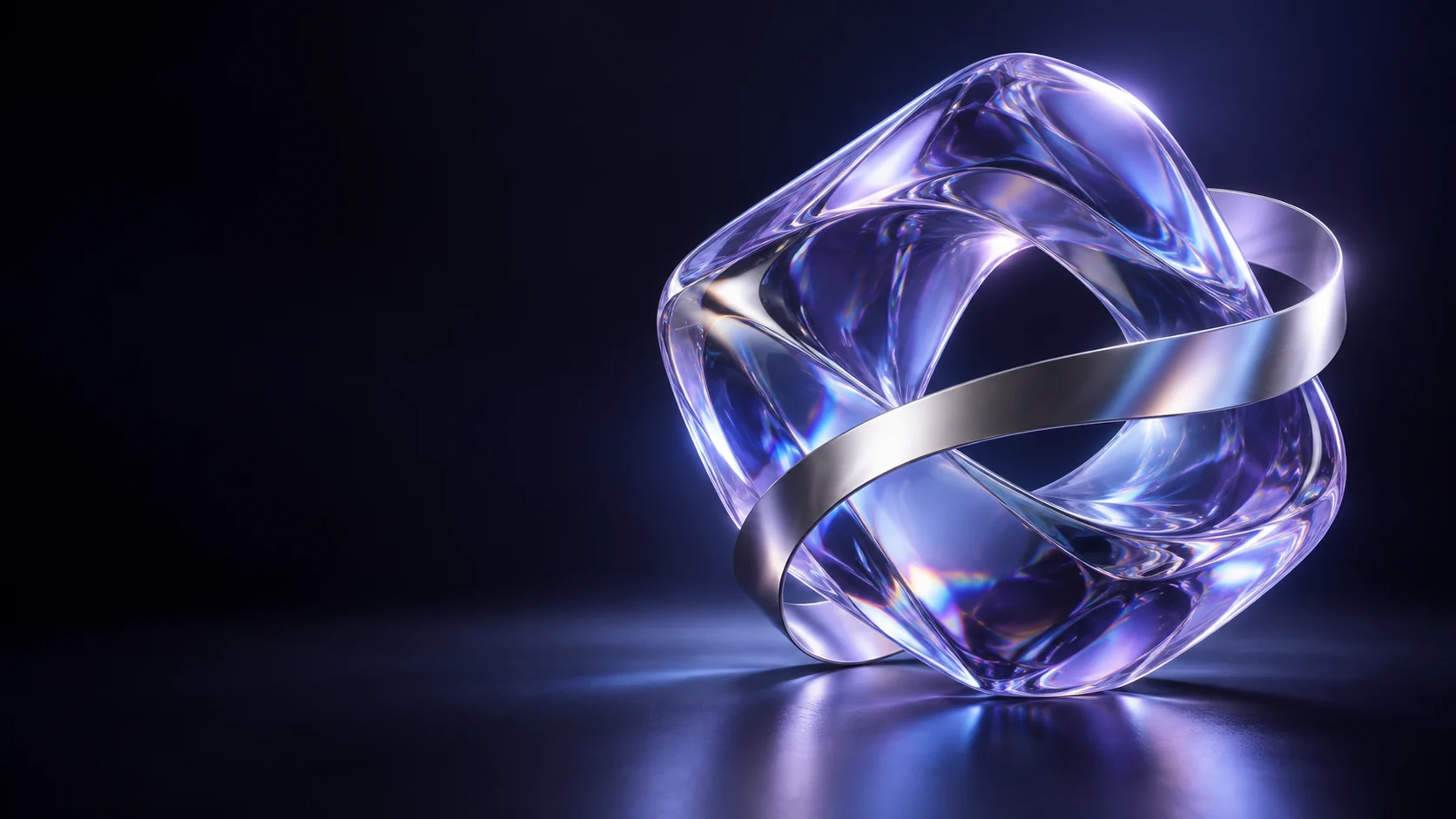 Violet glass loop sculpture wrapped by a polished silver ribbon. - Other Meta ads research by Madgicx Labs