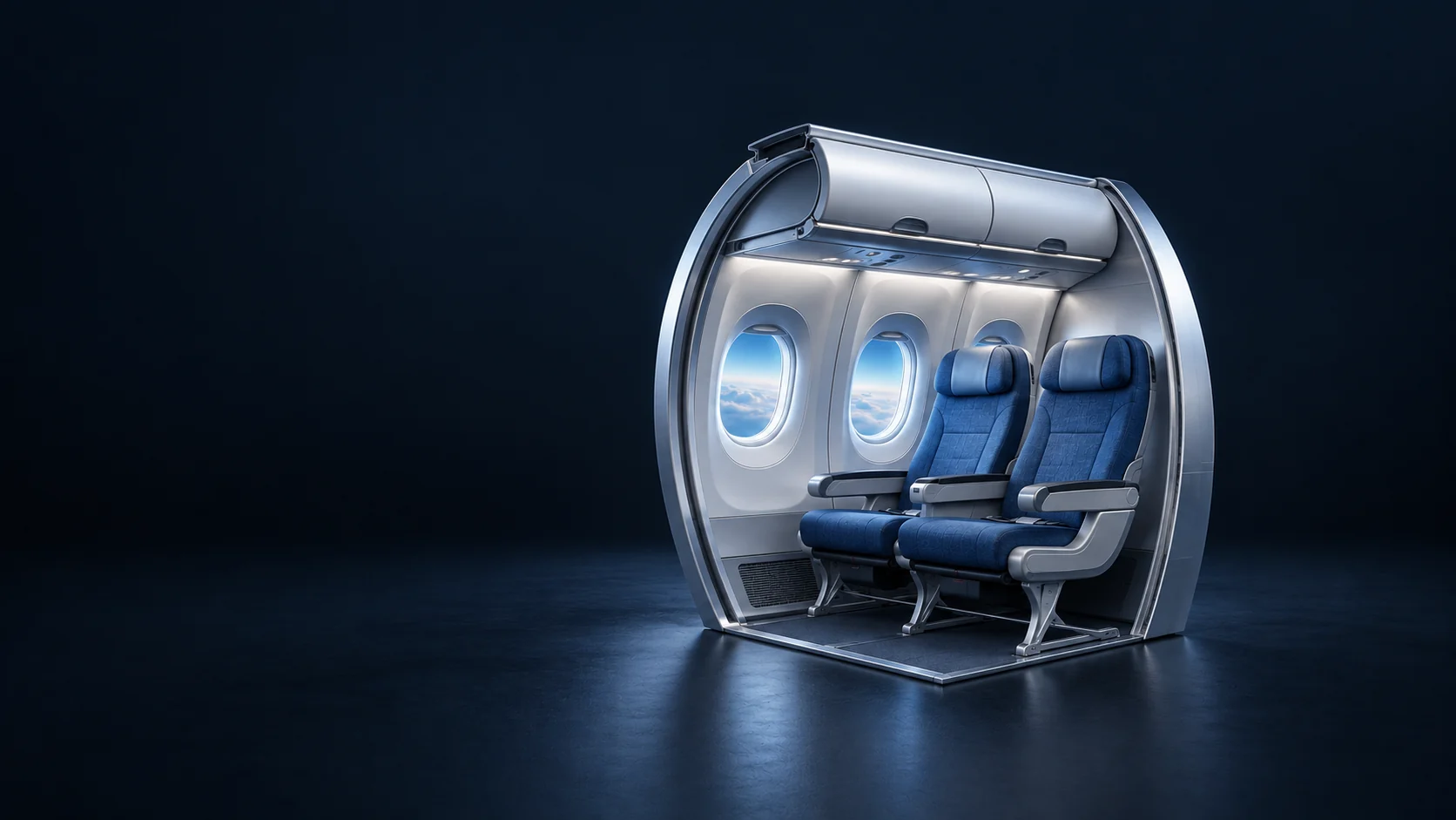 Cutaway aircraft cabin with two blue seats, oval windows and a curved silver overhead shell. - Airline Passenger Services Meta ads research by Madgicx Labs