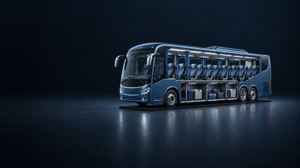 Blue intercity coach cutaway showing passenger seating and a luggage compartment. - Passenger Transportation Services Meta ads research index