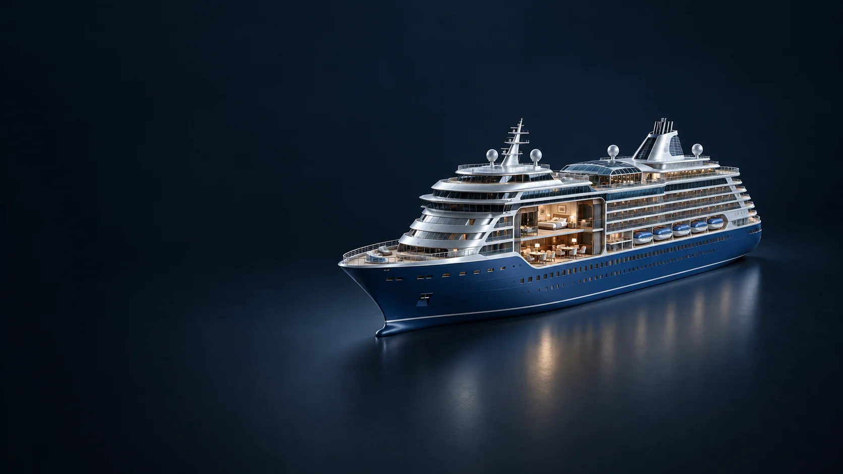 Blue and silver cruise-ship model with a cutaway cabin and dining area. - Cruise Ship Services Meta ads research by Madgicx Labs