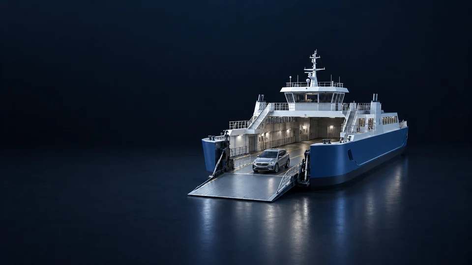 Blue vehicle ferry with an open boarding ramp and a generic car. - Passenger Transportation Services Meta ads research index