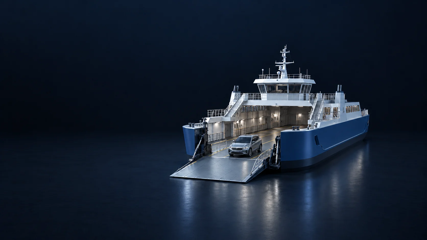 Blue vehicle ferry with an open boarding ramp and a generic car. - Ferry Maritime Services Meta ads research by Madgicx Labs