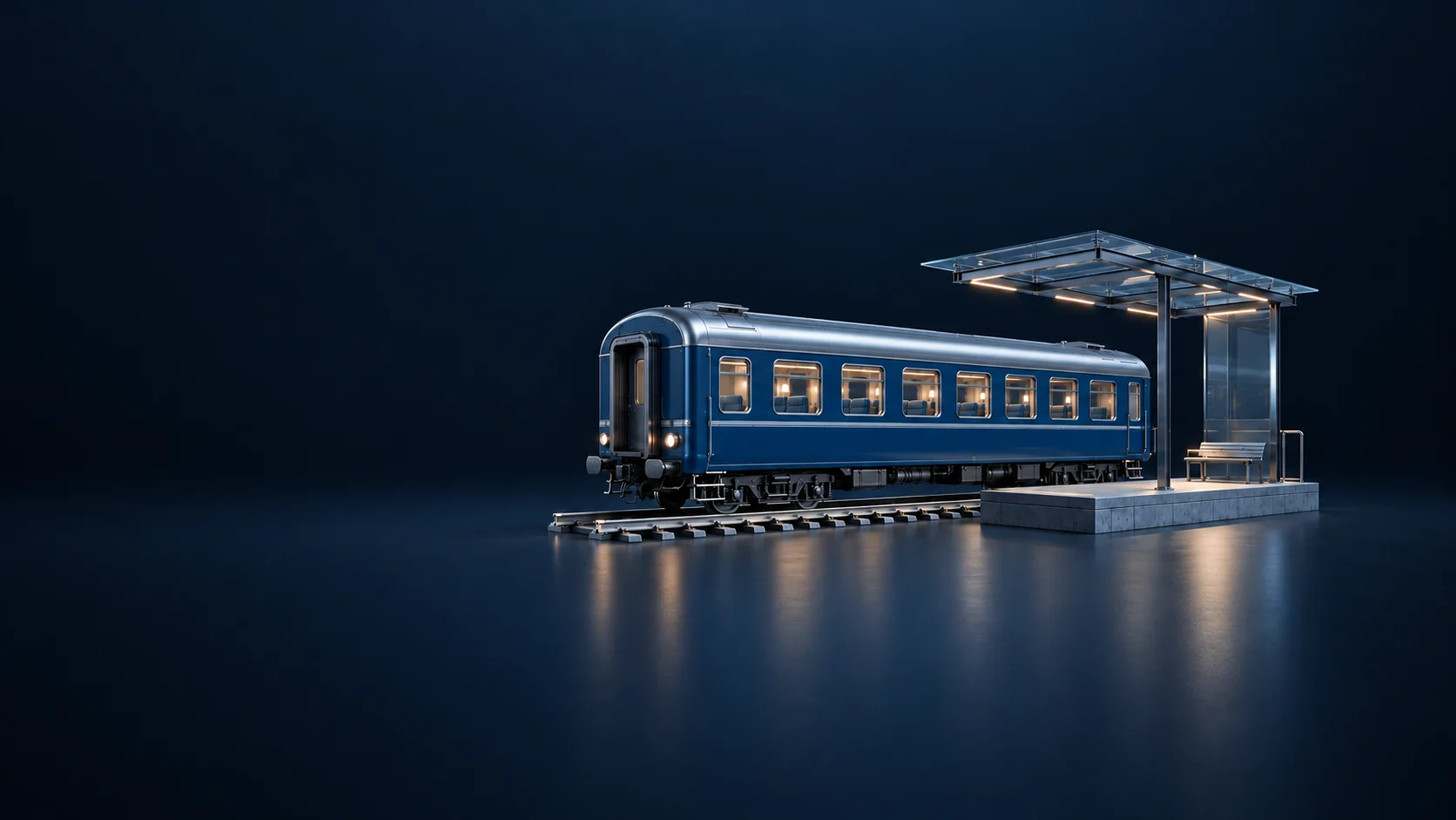 Blue passenger rail carriage beside a short platform with a glass canopy. - Rail Passenger Services Meta ads research by Madgicx Labs