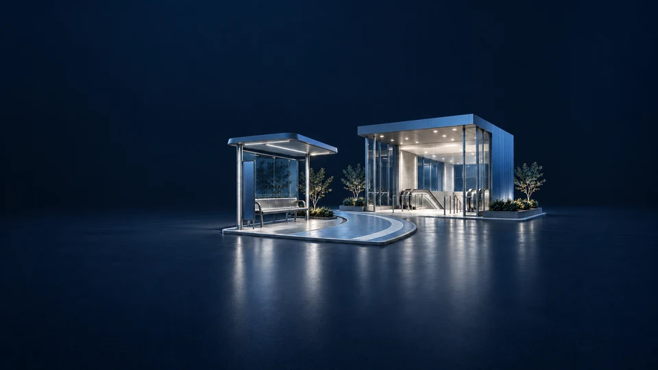 Bus shelter and rail-station entrance joined by a curved blue path. - Passenger Transportation Services Meta ads research index