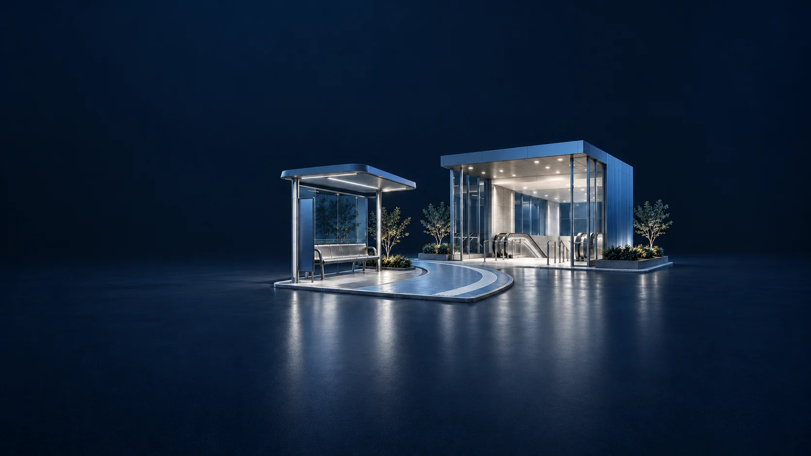 Bus shelter and rail-station entrance joined by a curved blue path. - Regional Transport Services Meta ads research by Madgicx Labs