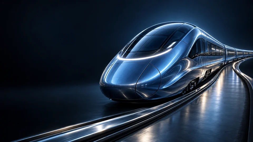 Streamlined blue passenger train on curving polished rails. - Passenger Transportation Services Meta ads research by Madgicx Labs