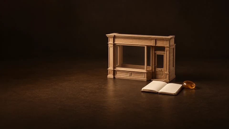 Miniature oak storefront, open blank business notebook and amber conversation stone on a dark desk. - Personal Coaching & Development Meta ads research index