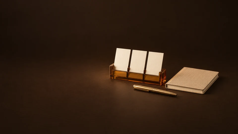 Three blank appointment cards in an amber holder beside a camel notebook and brass pen. - Personal Coaching & Development Meta ads research index