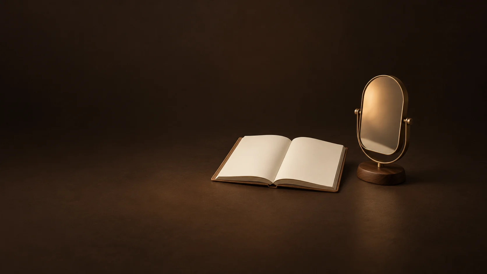 Open blank journal and curved brass mirror with an oak base on a dark warm surface. - Confidence & Mindset Coaching Meta ads research by Madgicx Labs