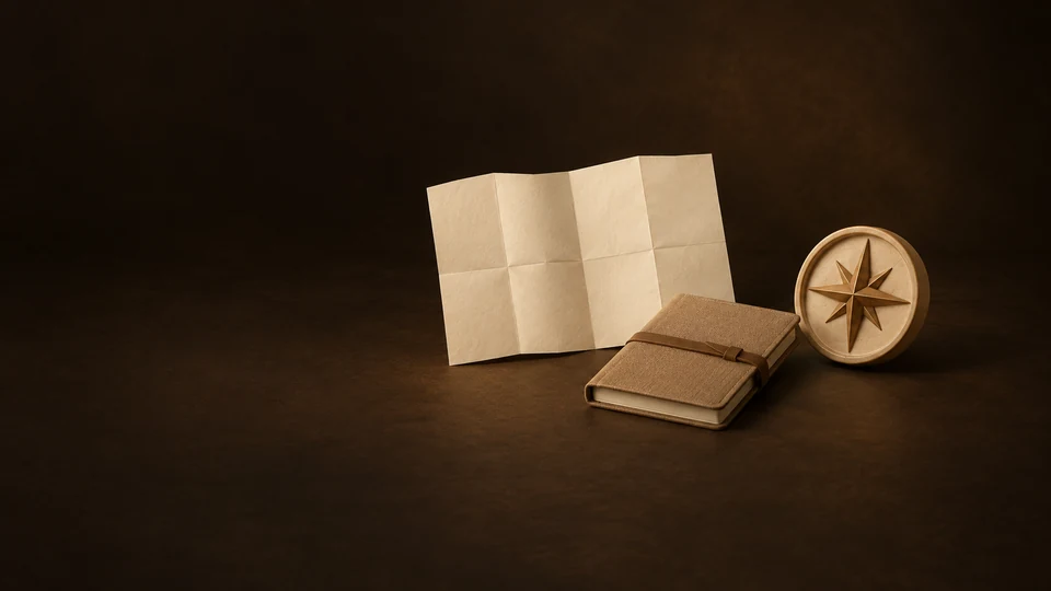 Blank folded map, camel journal and a ceramic compass-shaped object on a dark surface. - Personal Coaching & Development Meta ads research index