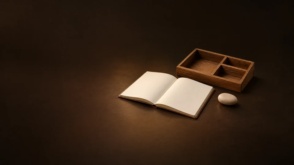 Open blank task notebook, compartmented oak organizer and appointment pebble. - Personal Coaching & Development Meta ads research index