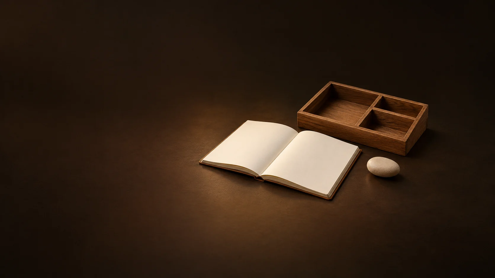 Open blank task notebook, compartmented oak organizer and appointment pebble. - Niche Specialty Coaching Meta ads research by Madgicx Labs