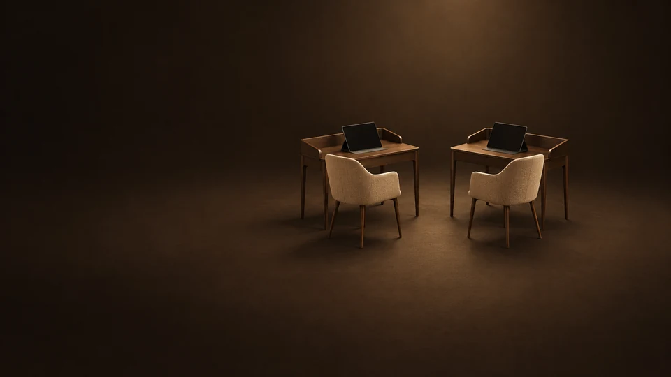 Two empty miniature oak desks with camel chairs and blank tablets in a warm dark studio. - Personal Coaching & Development Meta ads research index