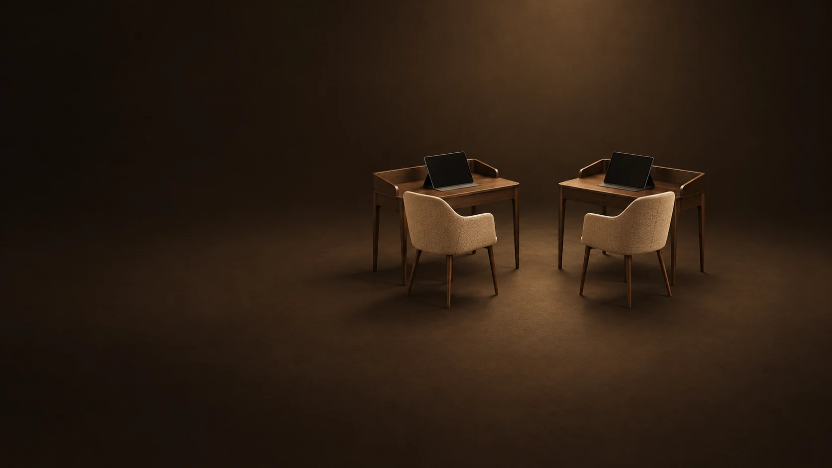 Two empty miniature oak desks with camel chairs and blank tablets in a warm dark studio. - Productivity & Performance Coaching Meta ads research by Madgicx Labs
