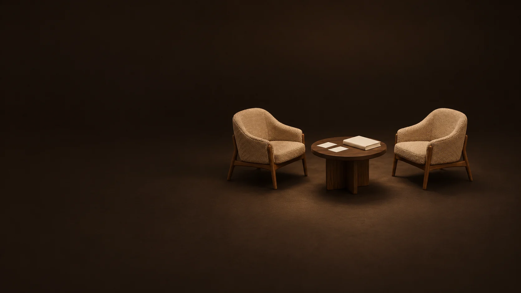 Two empty camel chairs around an oak table with paired blank cards and a closed workbook. - Relationship & Communication Coaching Meta ads research by Madgicx Labs