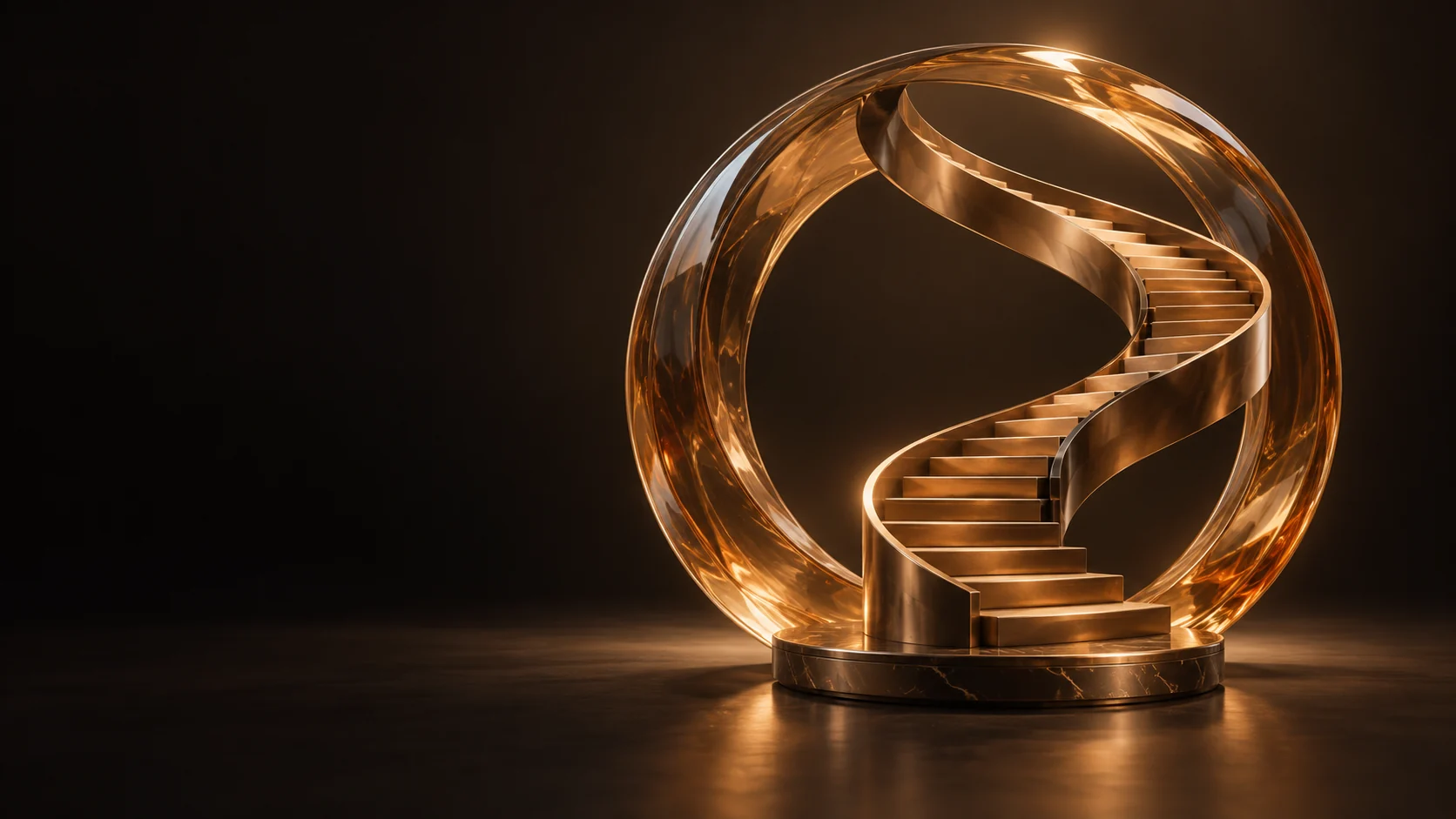 Golden spiral staircase inside a translucent amber ring. - Personal Coaching & Development Meta ads research by Madgicx Labs