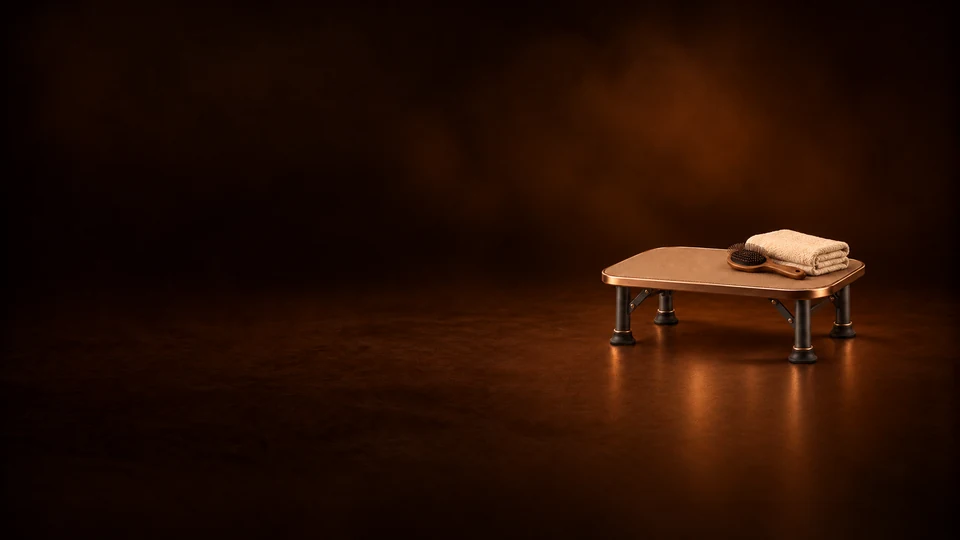Empty compact grooming table with a folded towel and a wooden grooming brush. - Pet Care Products & Services Meta ads research index