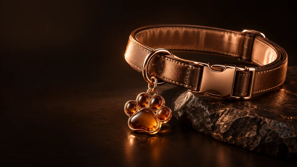 Copper-colored pet collar with an amber paw-shaped tag. - Pet Care Products & Services Meta ads research by Madgicx Labs