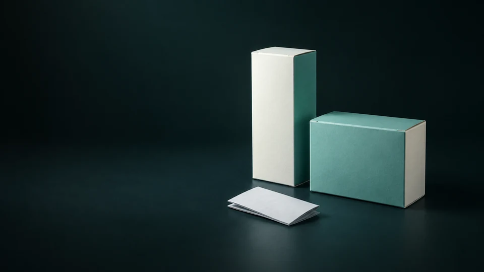 Two blank cartons of different proportions beside a folded ivory leaflet. - Pharmaceutical Products Meta ads research index