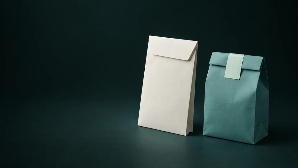 A blank ivory prescription envelope beside a separate closed teal paper collection bag. - Pharmaceutical Products Meta ads research index