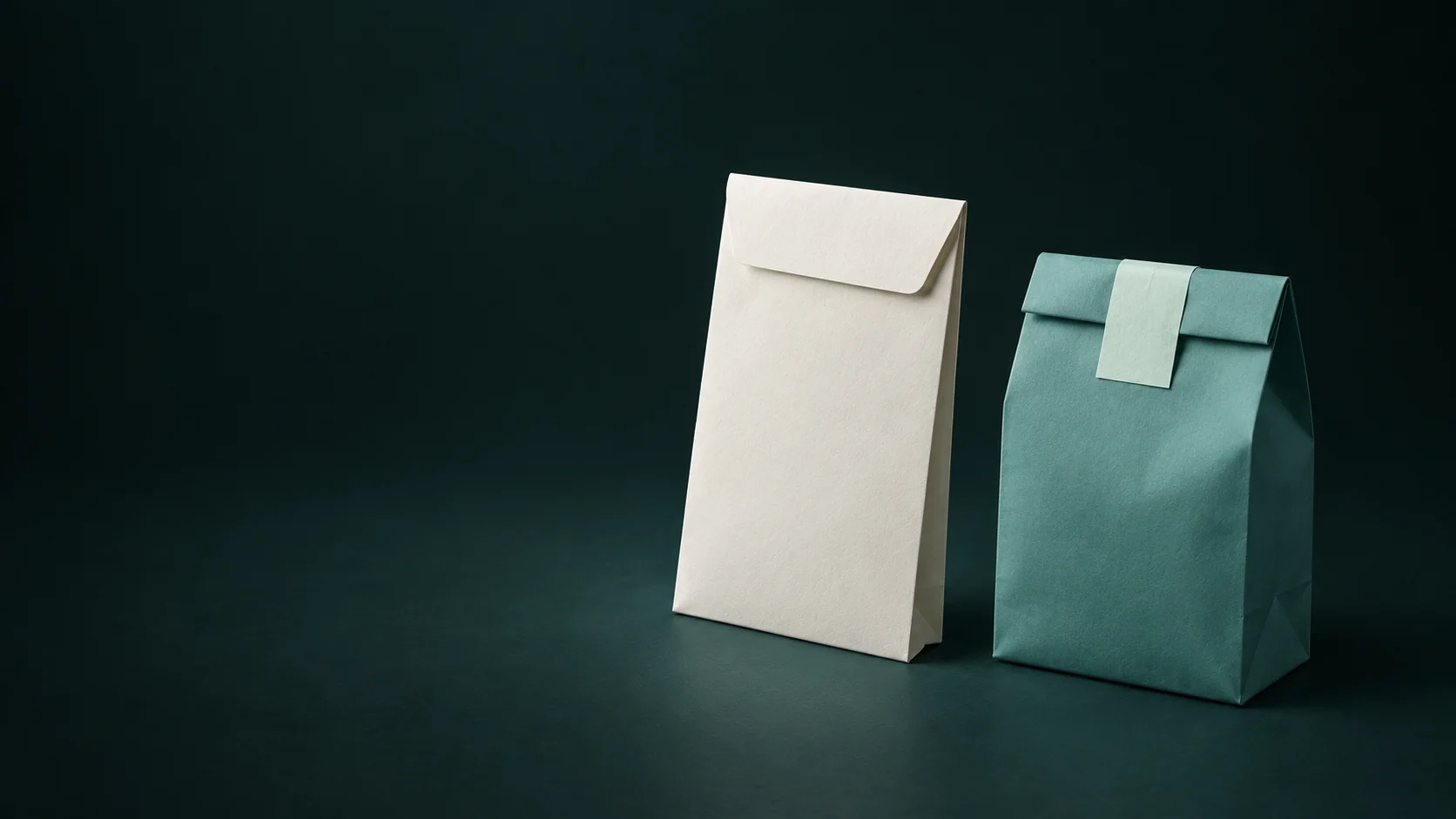 A blank ivory prescription envelope beside a separate closed teal paper collection bag. - Prescription Acute Medications Meta ads research by Madgicx Labs