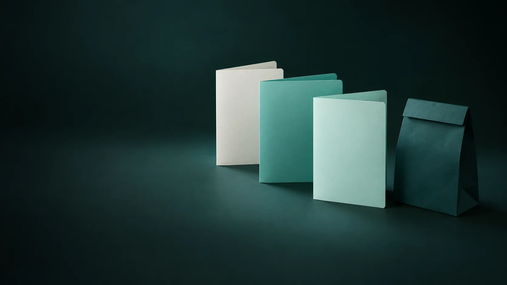 Three blank folders beside a separate folded teal paper bag. - Prescription Chronic Medications Meta ads research by Madgicx Labs