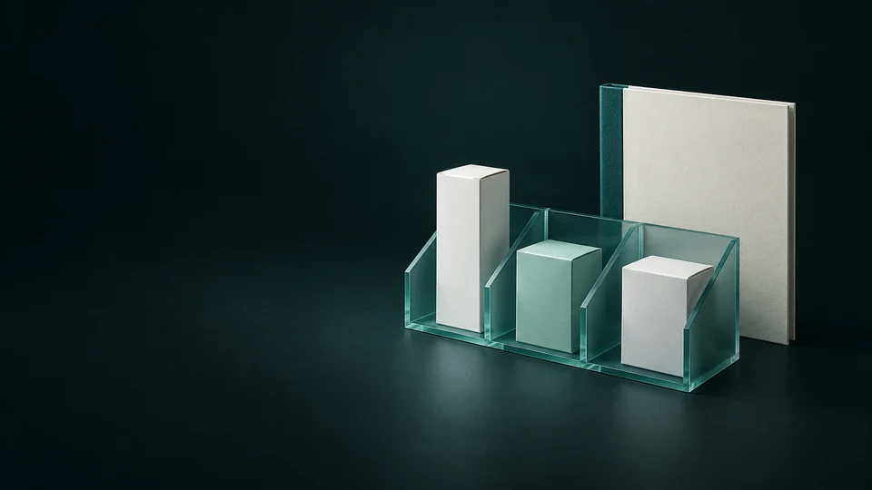 Three blank cartons in separate clear divider bays beside a closed ivory dossier. - Pharmaceutical Products Meta ads research index