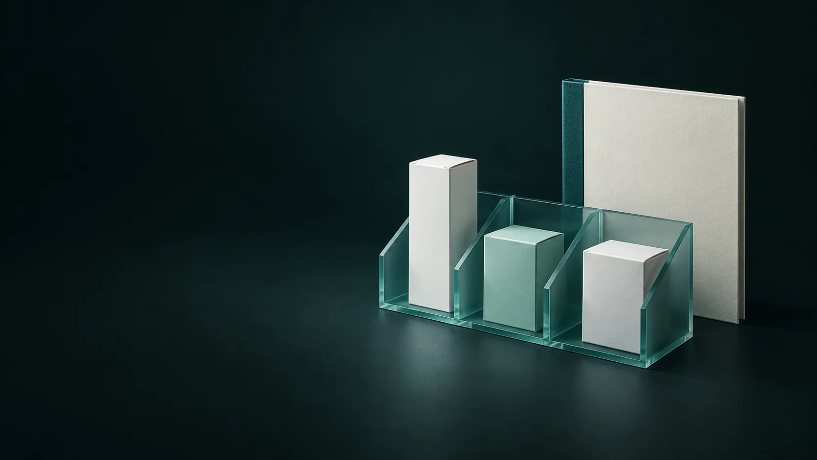 Three blank cartons in separate clear divider bays beside a closed ivory dossier. - Specialty Biologic Drugs Meta ads research by Madgicx Labs