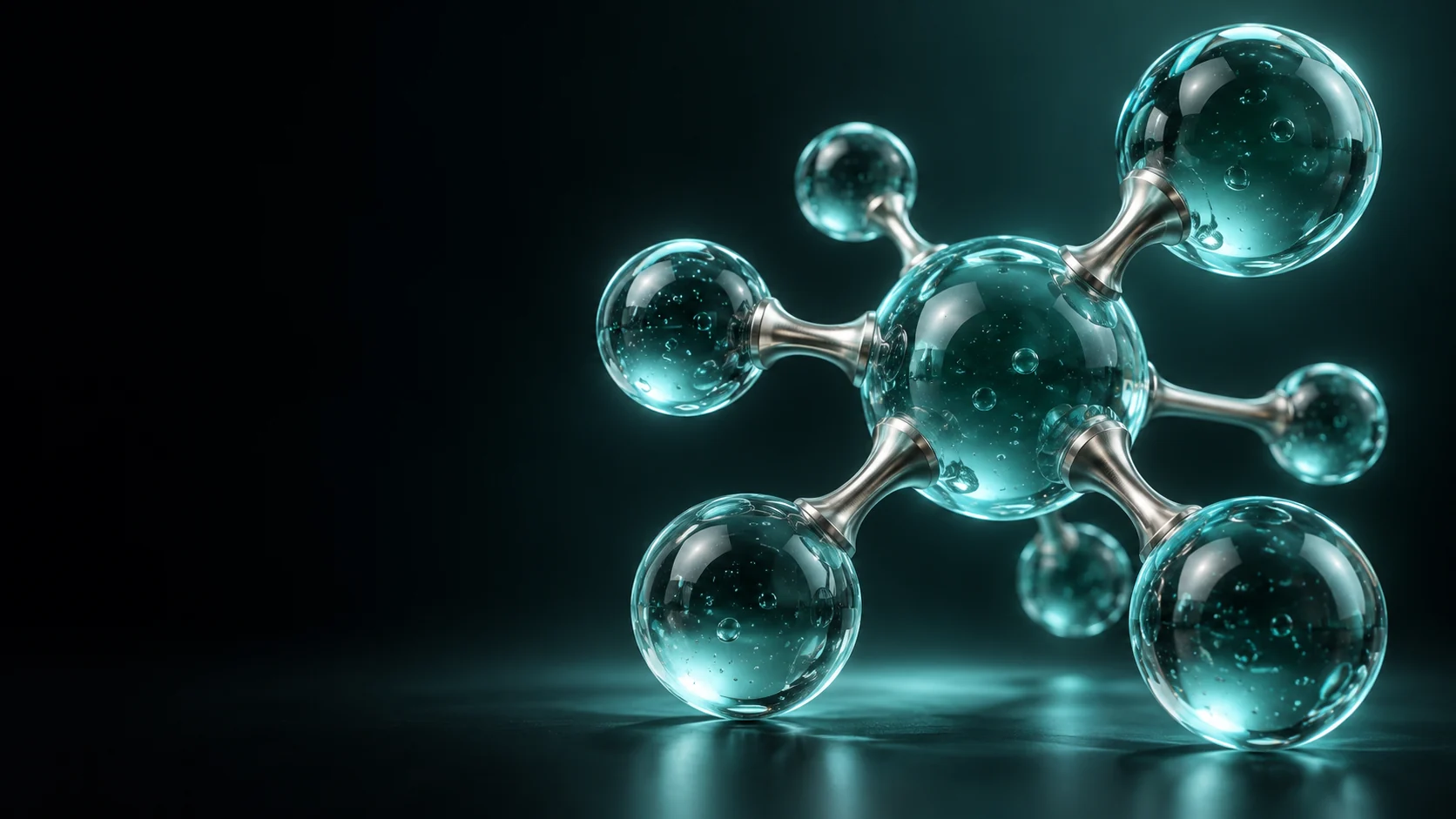 Translucent teal spheres joined by silver rods in an abstract molecular sculpture. - Pharmaceutical Products Meta ads research by Madgicx Labs