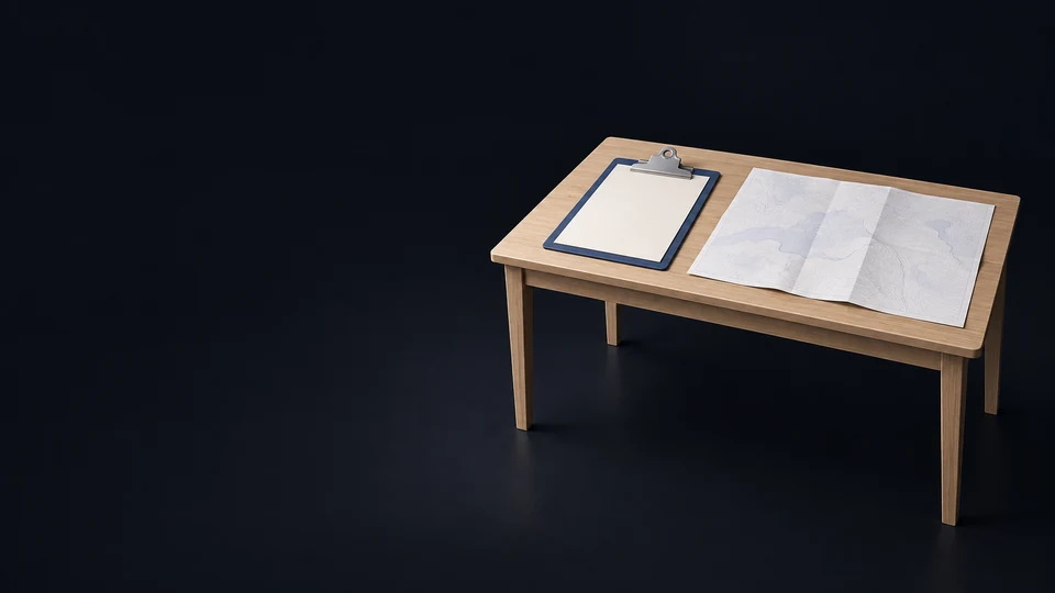 A complete oak information desk with blank clipboard form and an unlabeled abstract topographic map. - Political & Civic Organizations Meta ads research index