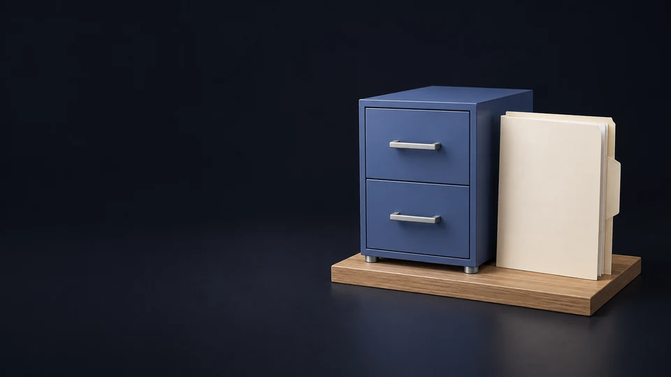 A complete indigo two-drawer filing cabinet beside an unmarked ivory folder on a low oak platform. - Political & Civic Organizations Meta ads research index