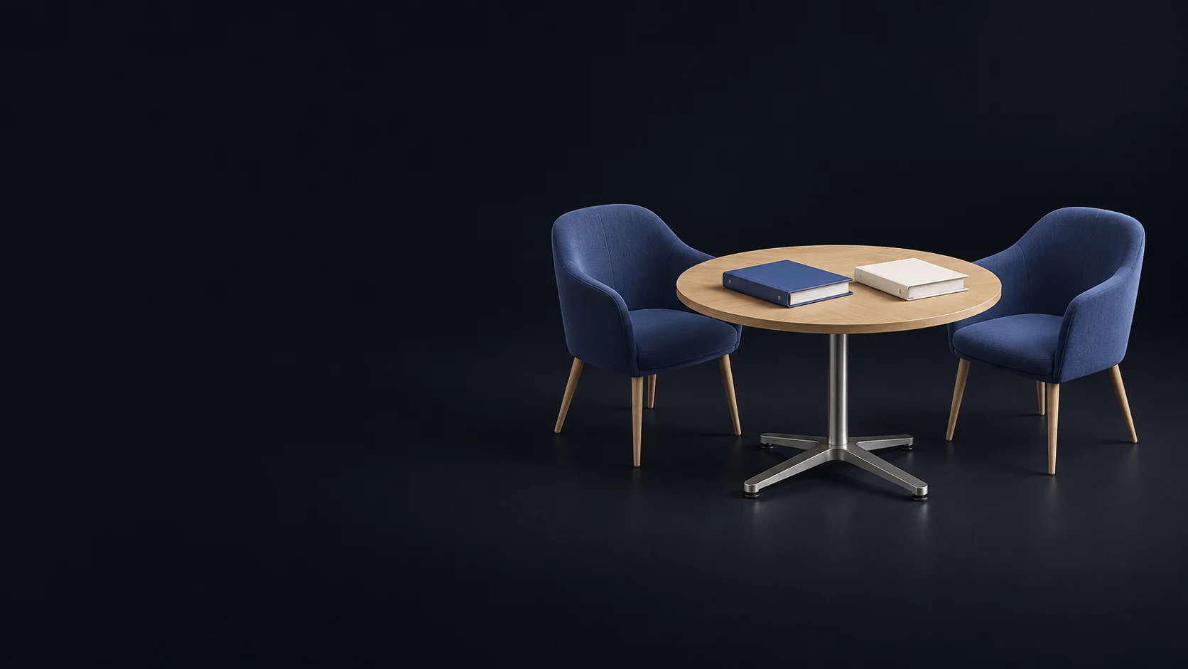 Two empty indigo chairs around a complete round oak seminar table with separate blank indigo and ivory binders. - Policy Advocacy Groups Meta ads research by Madgicx Labs