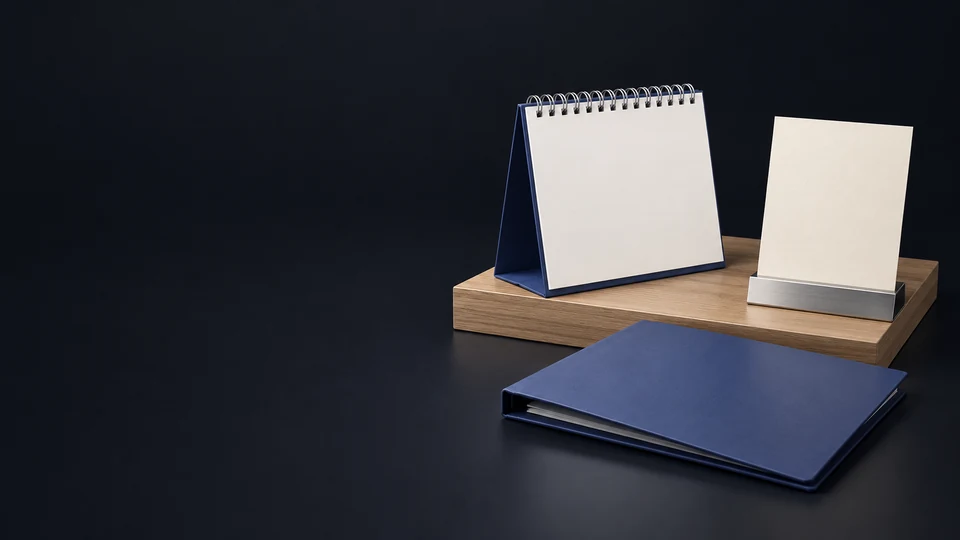 A blank ring-bound desk calendar, an unmarked ivory sheet in a silver holder and a closed indigo folder beside a complete oak counter. - Political & Civic Organizations Meta ads research index