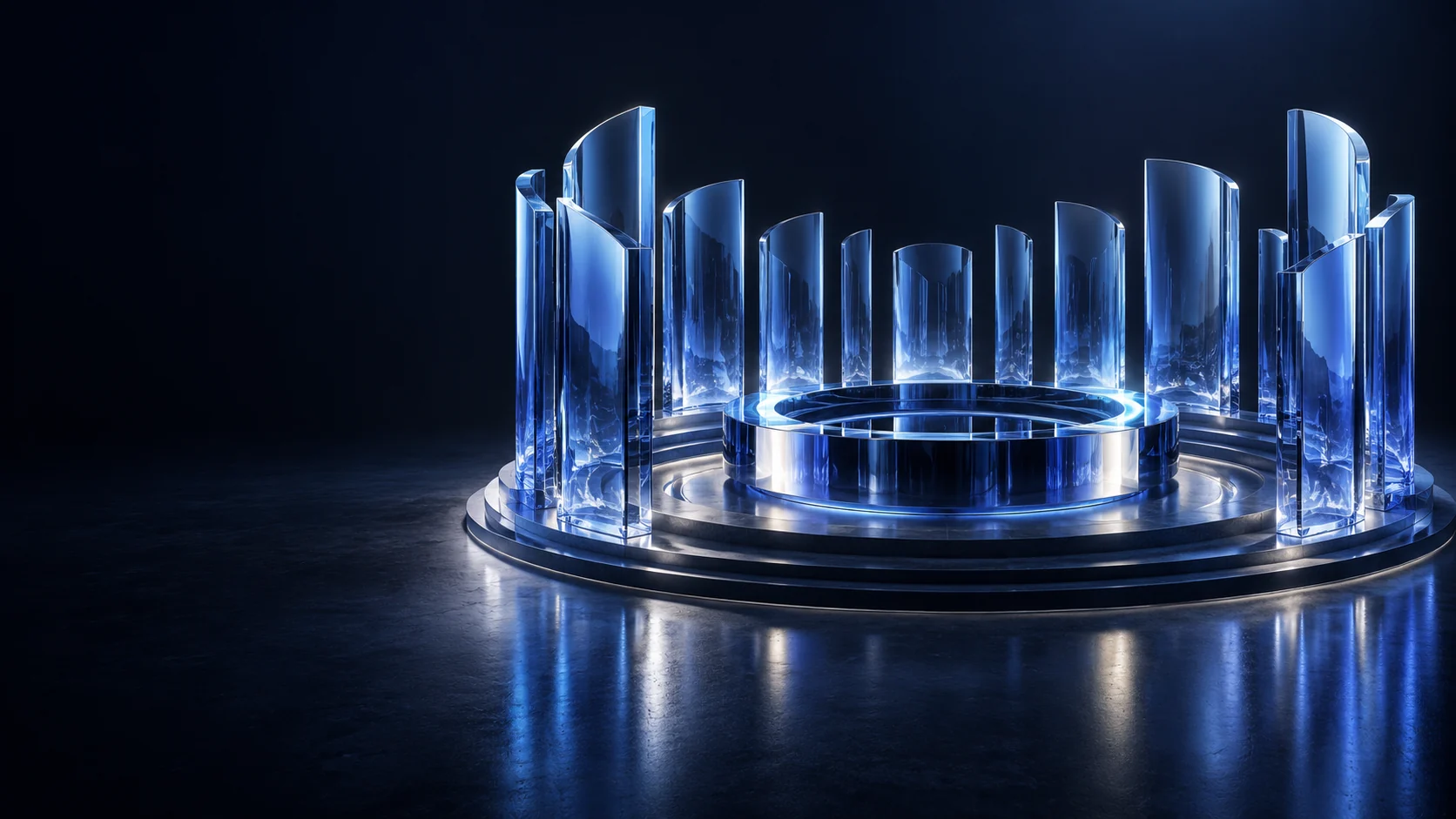 Curved blue glass panels arranged around a circular forum-like platform. - Political & Civic Organizations Meta ads research by Madgicx Labs