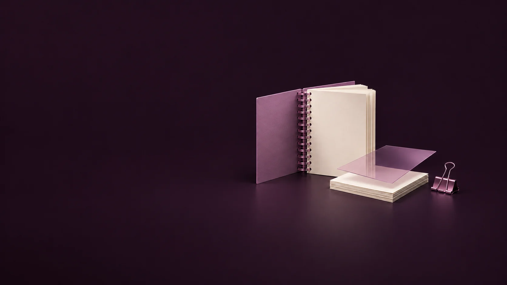 An open orchid spiral manual stands beside a loose paper stack, translucent lamination sheet and binder clip. - Document Printing Services Meta ads research by Madgicx Labs