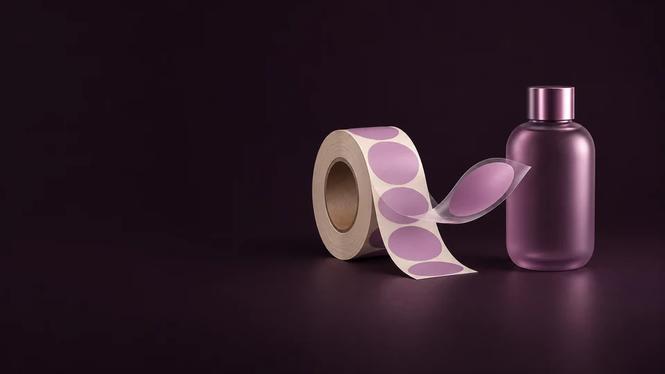 A roll of unmarked mauve labels curls toward a plain plum bottle with a separate transparent film sample. - Printing & Publishing Services Meta ads research index